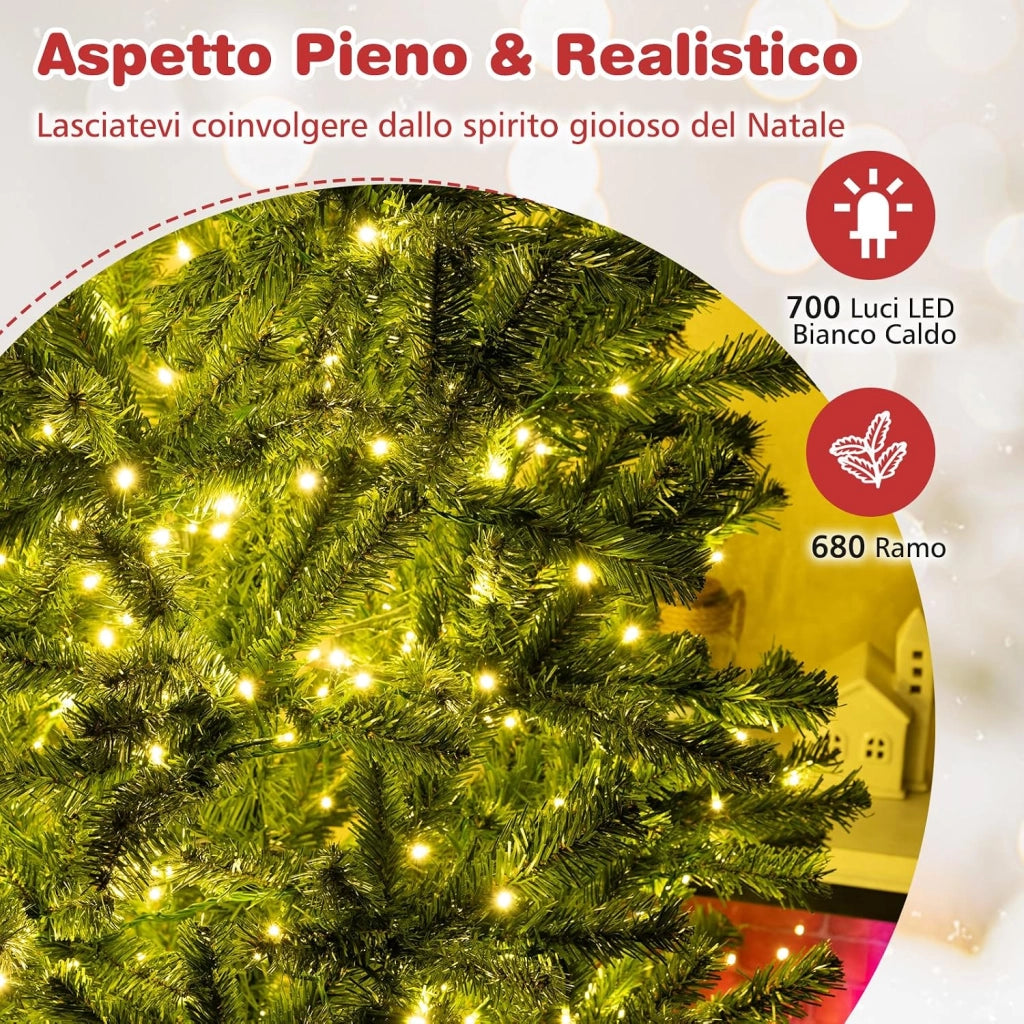 Albero di Natale Artificiale 180 cm, Albero di Natale Pre-illuminato con 700 Luci LED, 680 Rami, Telecomando, Timer e Guanti, Modalità e Luminosità Regolabili
