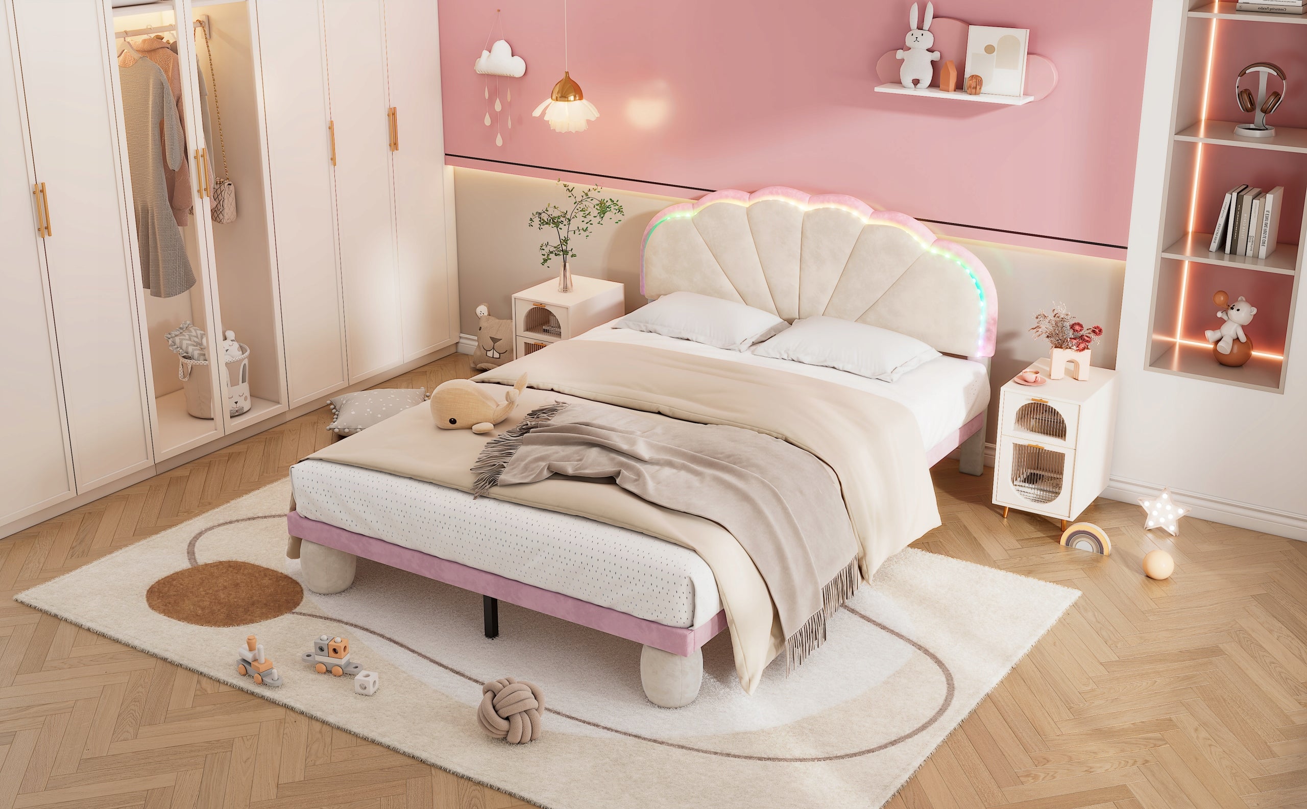 Letto imbottito con LED 140x200 - Xylo - Beige+Rosa, senza materasso