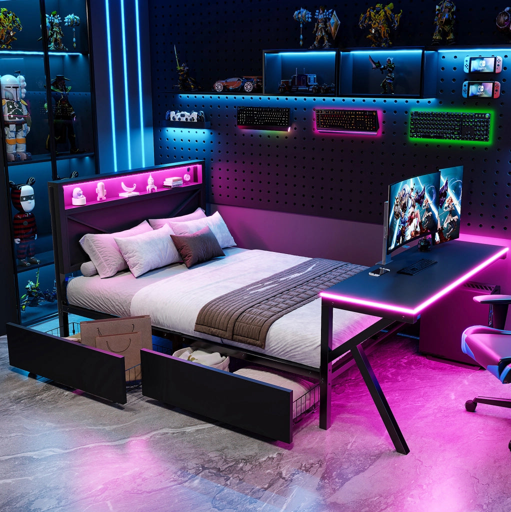 Letto gaming a piattaforma 140x200 cm con testiera LED; scrivania LED e 2 cassetti; nero