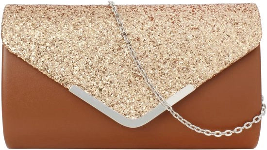 Clutch da donna elegante con glitter per serata con tasca a strascico e catena per matrimonio e festa di gala (pelle marrone)