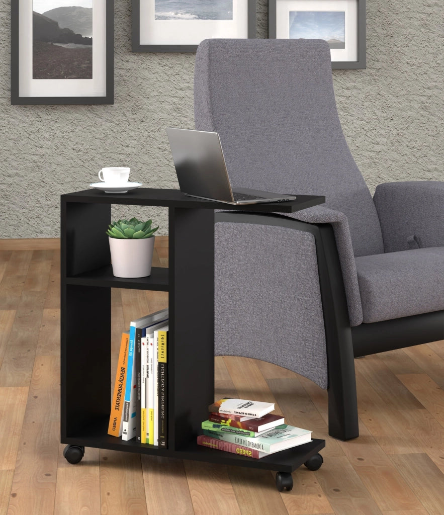 MOBILE TAVOLINO CON RUOTE PORTA PC COMODINO UFFIO CASA NERO OPACO 60x45x22cm TRASCO