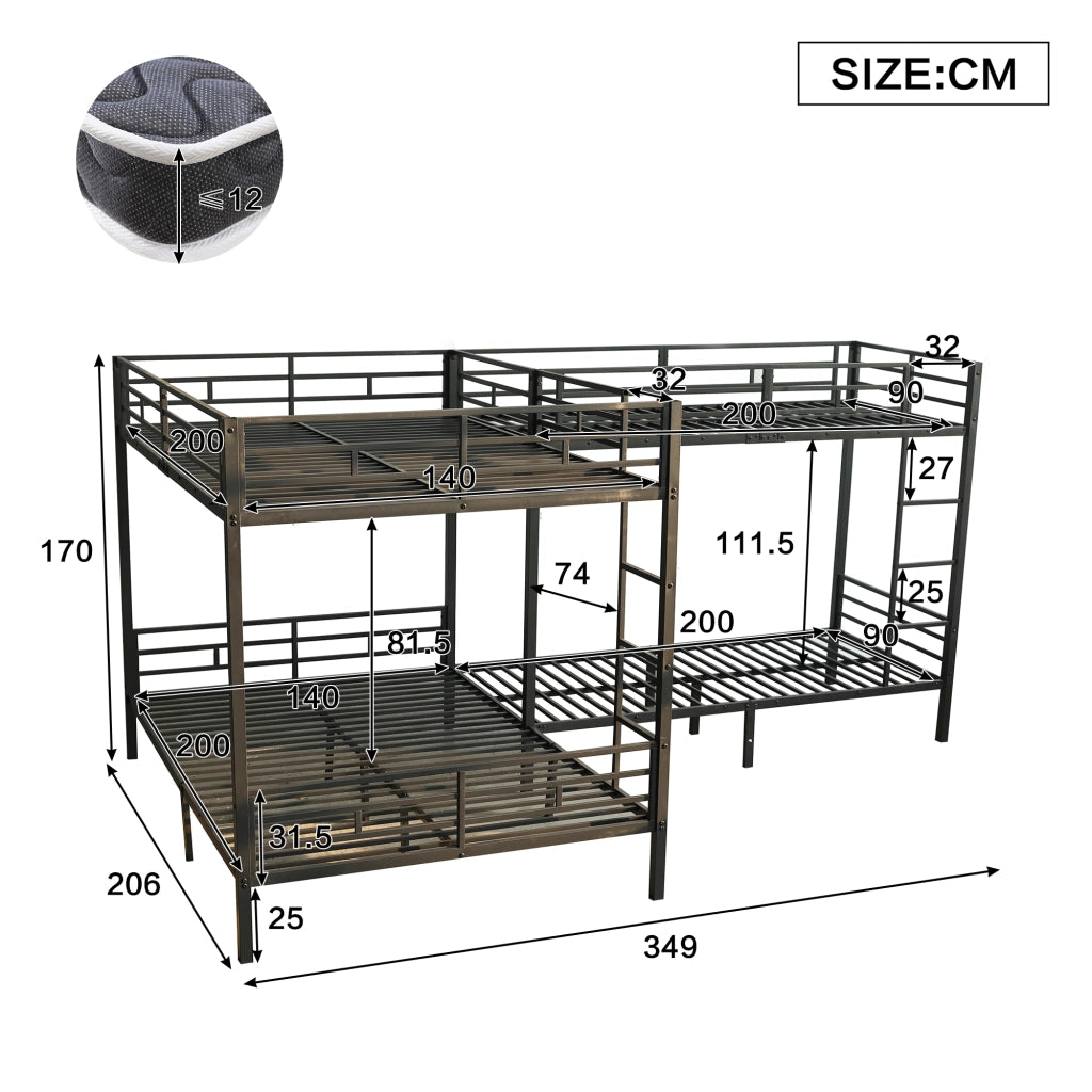 LETTO A CASTELLO 90x200 cm e 140x200 cm con scala a 3 gradini nero
