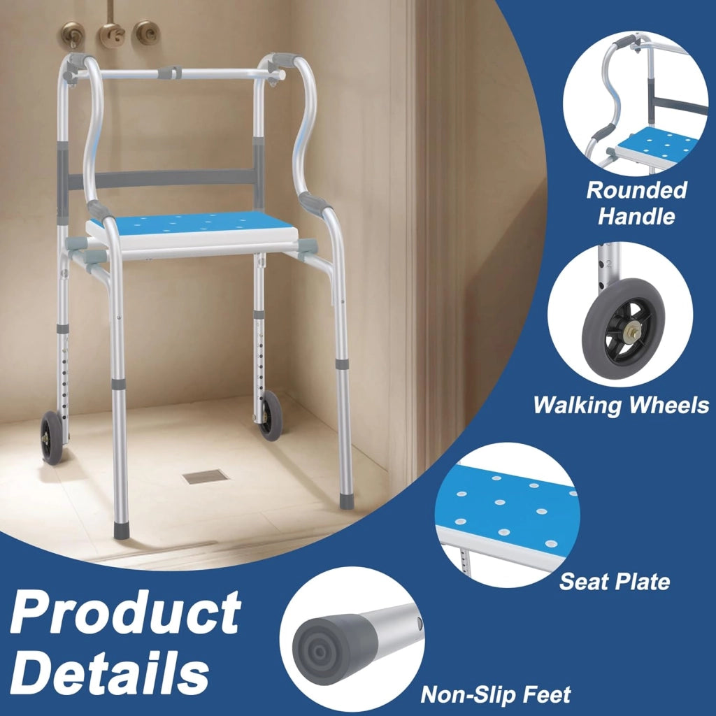 Deambulatore per anziani, regolabile in altezza, pieghevole, con manici, 2 ruote e sedile doccia 3 in 1, supporto per adulti e disabili, portata fino a 180 kg