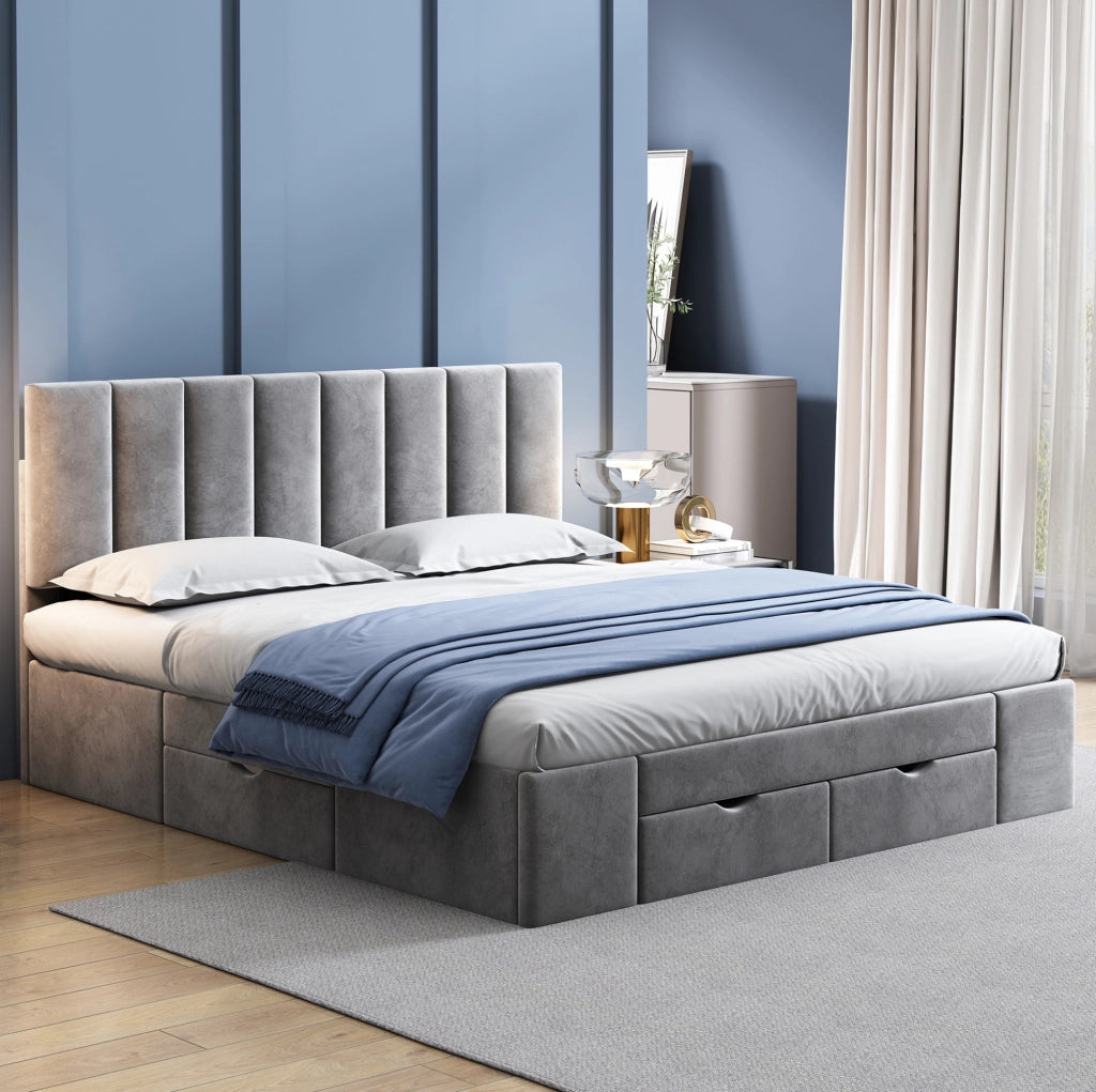 Letto imbottito 160x200 cm; testiera regolabile e 4 cassetti; velluto grigio (Senza materasso)