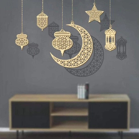 Decorazione ornamentale in legno per luna, stella, vento e luce, hanger ornamentale per Ramadan Mubarak, decorazione per festa di Eid.