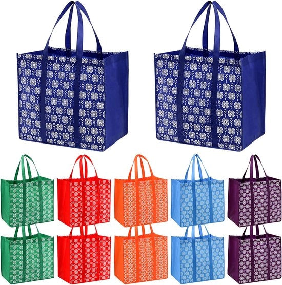 Pacco di 12 tascabagagli riciclabili, grandi tascabagagli pieghevoli con manici lunghi per la spesa, colori, multicolore.