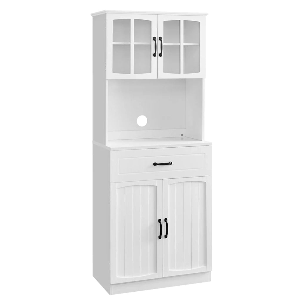Credenza alta da cucina 41,5 x 73 x 179,8 cm mobiletto dispensa con ante in vetro e ripiani regolabili foro per cavo microonde stile moderno bianco 12_0004537