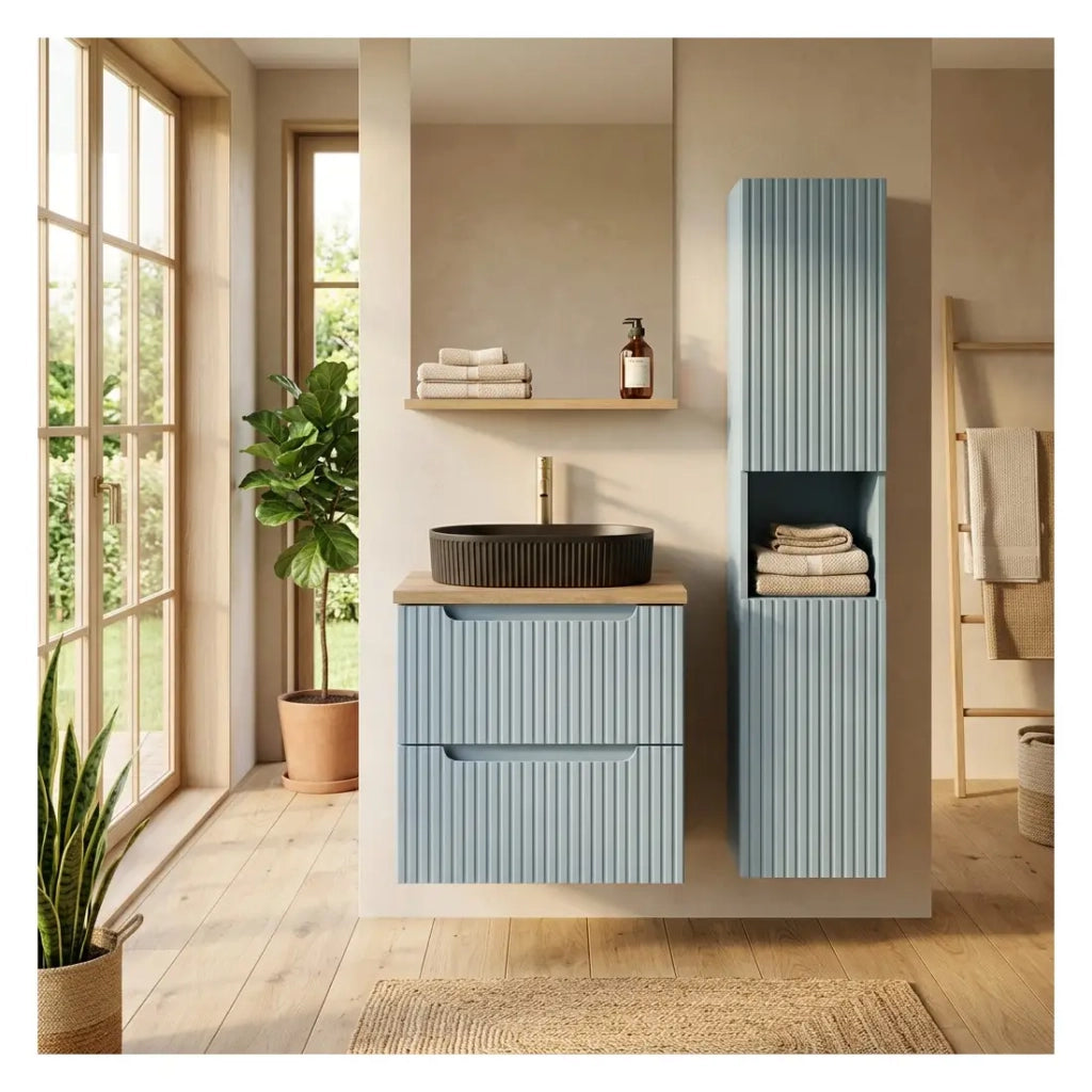 Insieme VANO blu denim e rovere chiaro 90cm: mobile sottolavabo con cassetti + piano per lavabo + lavabo da appoggio nero + colonna