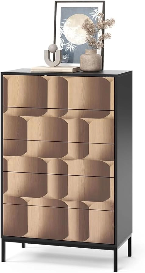 Cassettiera Eliza, Nero/quercia, 76 x 120 cm con 5 cassetti, per conservazione e utilizzo in camera da letto o corridoio