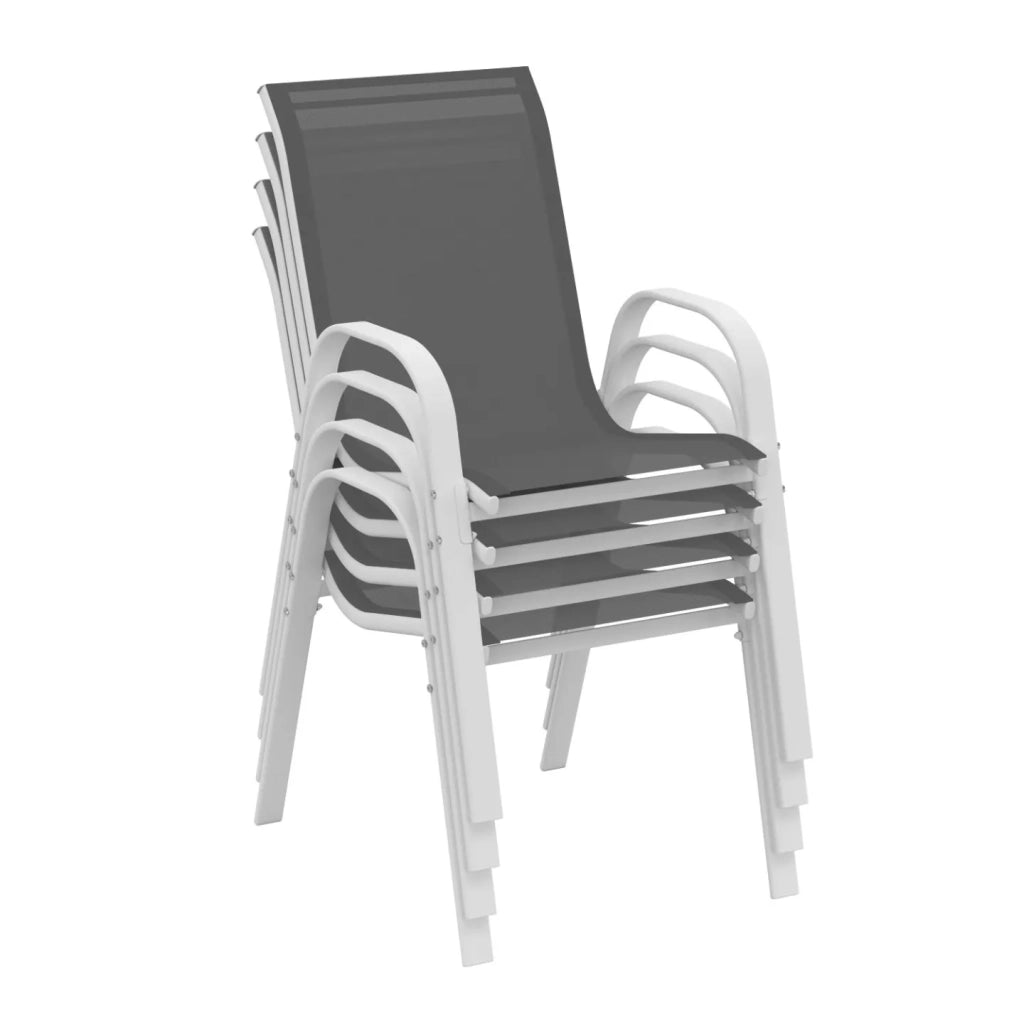IDMarket - Set di 4 sedie da giardino impilabili LYMA in metallo e textilene, bianco e grigio