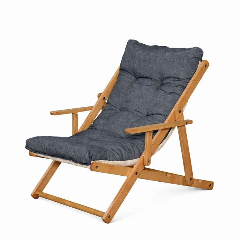POLTRONA RELAX COMODONA IN LEGNO TELAIO MIELE E TESSUTO BLU JEANS 3 POSIZIONI