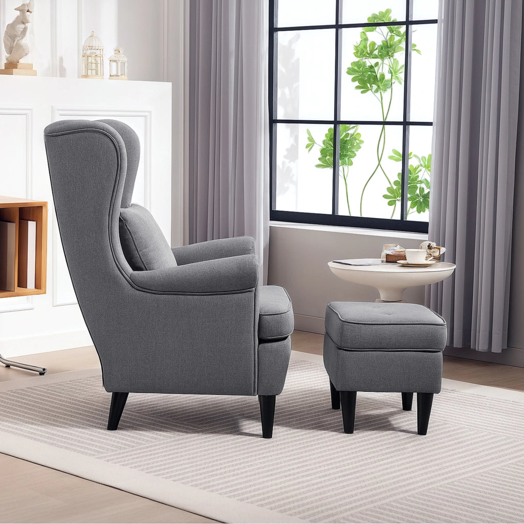 Poltrona da Salotto 75x83x104 cm con Pouf Poggiapiedi in Tessuto Grigio