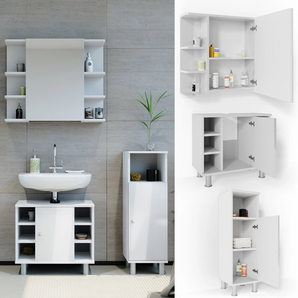 Vicco Set mobili bagno Bianco lucido 3 parti, con mobile midi
