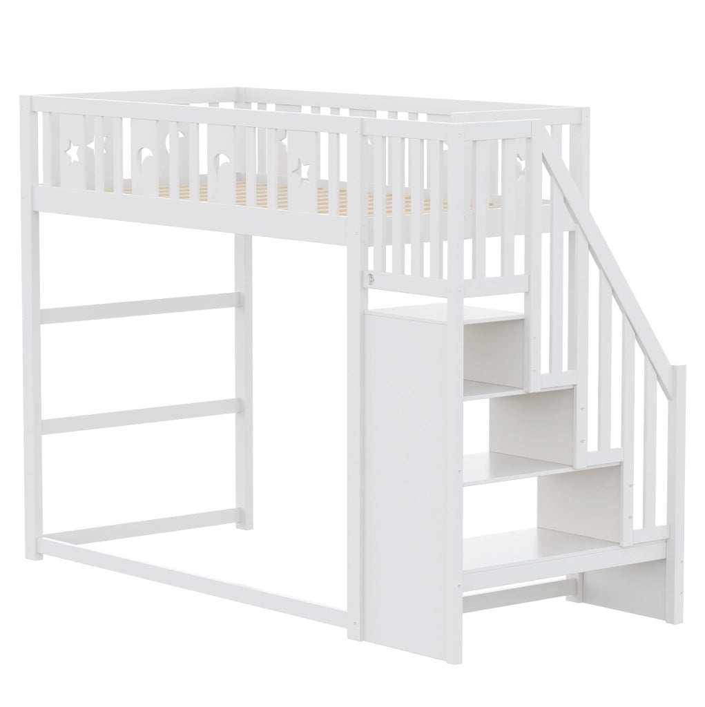 Letto a soppalco per bambini 90x200 cm con scala; ripiani e area relax; bianco