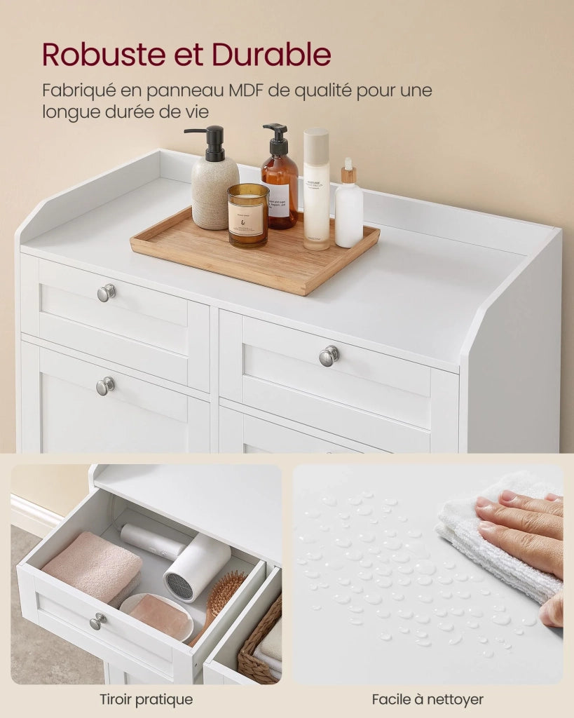 Mobiletto da bagno con cesto portabiancheria e armadio portaoggetti dotato di 1 cassetto e 1 sacco interno per la biancheria rimovibile con manici 40 x 40 x 80,2 cm bianco 12_0006486