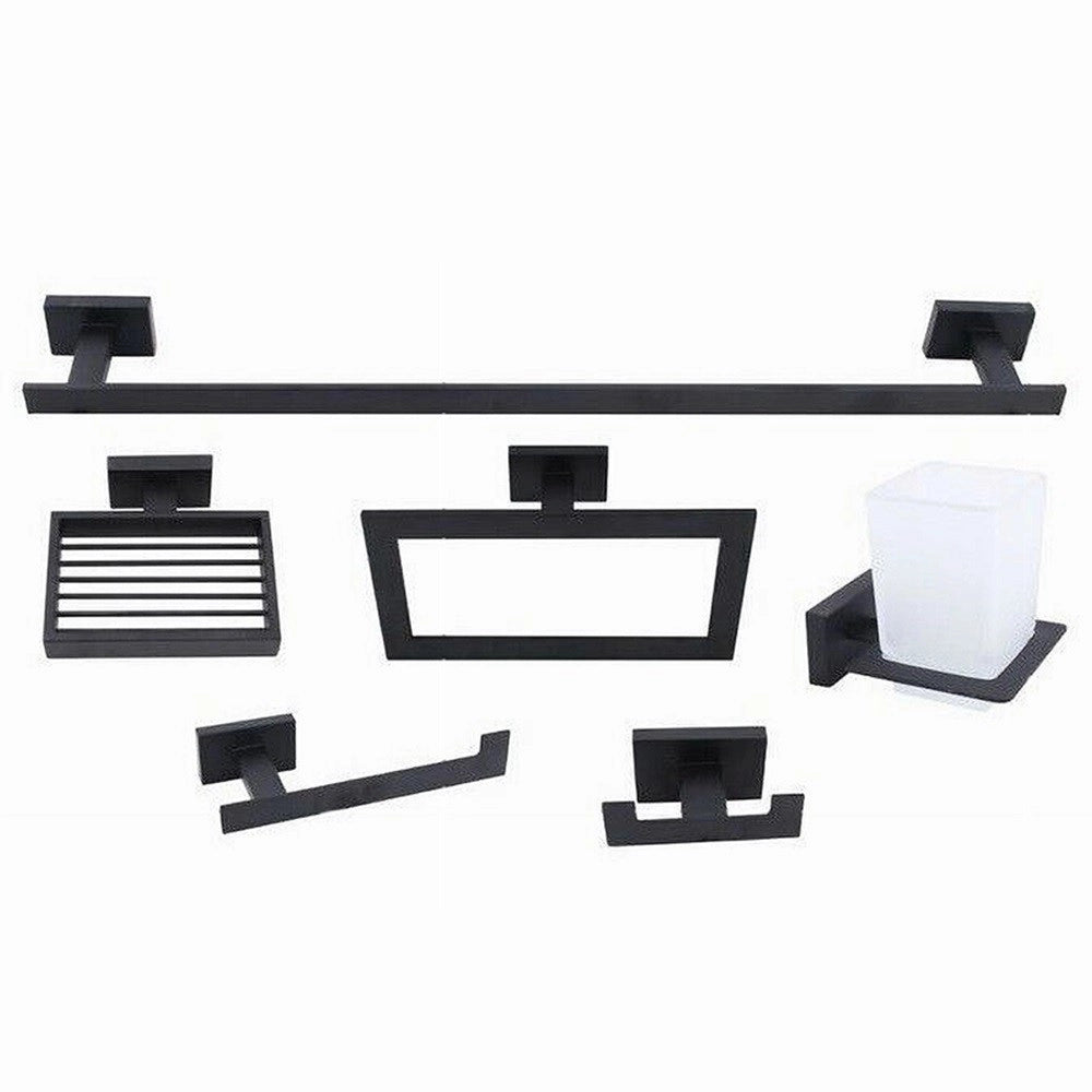 Trade Shop - Set Bagno Rettangolare Nero 6pz Porta Asciugamano Rotolo Bicchiere Spazzolino 87262 -