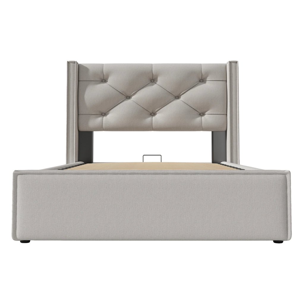 Letto singolo imbottito 90x200 cm con contenitore e rete sollevabile; grigio chiaro