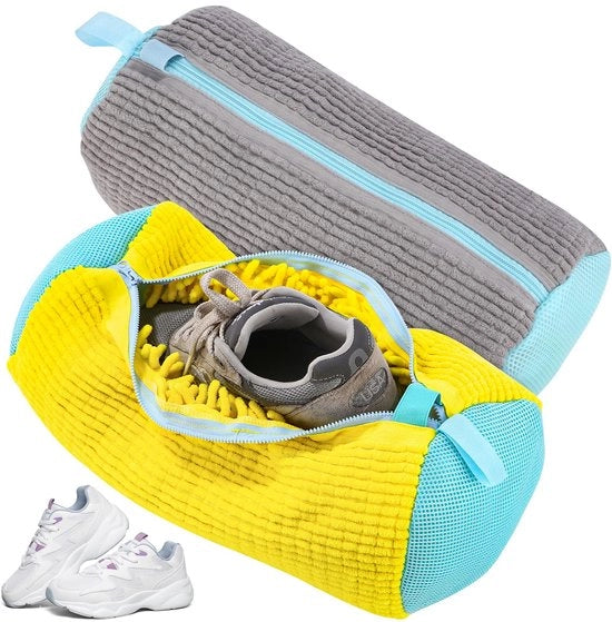 Set di 2 sacchetti per lavatrice e asciugatrice di scarpe con piuma di pulizia 360°, autoscatolanti, colore grigio-giallo