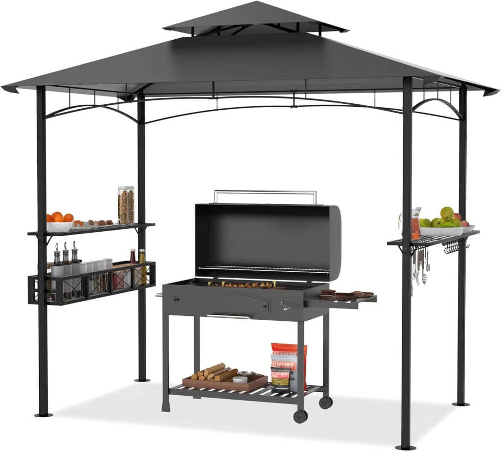 Gazebo per barbecue, 244 x 138 x 250 cm, gazebo da giardino con bancone da bar e tetto a doppio strato, per giardino, per feste, protezione UV