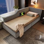 Letto daybed in velluto grigio 90x190 cm con contenitore idraulico; luce da lettura e USB-C