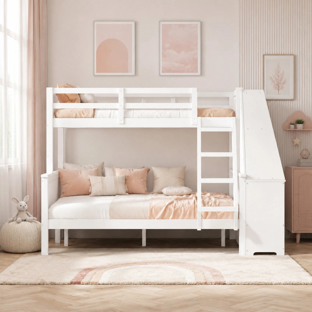 LETTO a castello con scrivania e libreria 90x200+140x200 cm Bianco