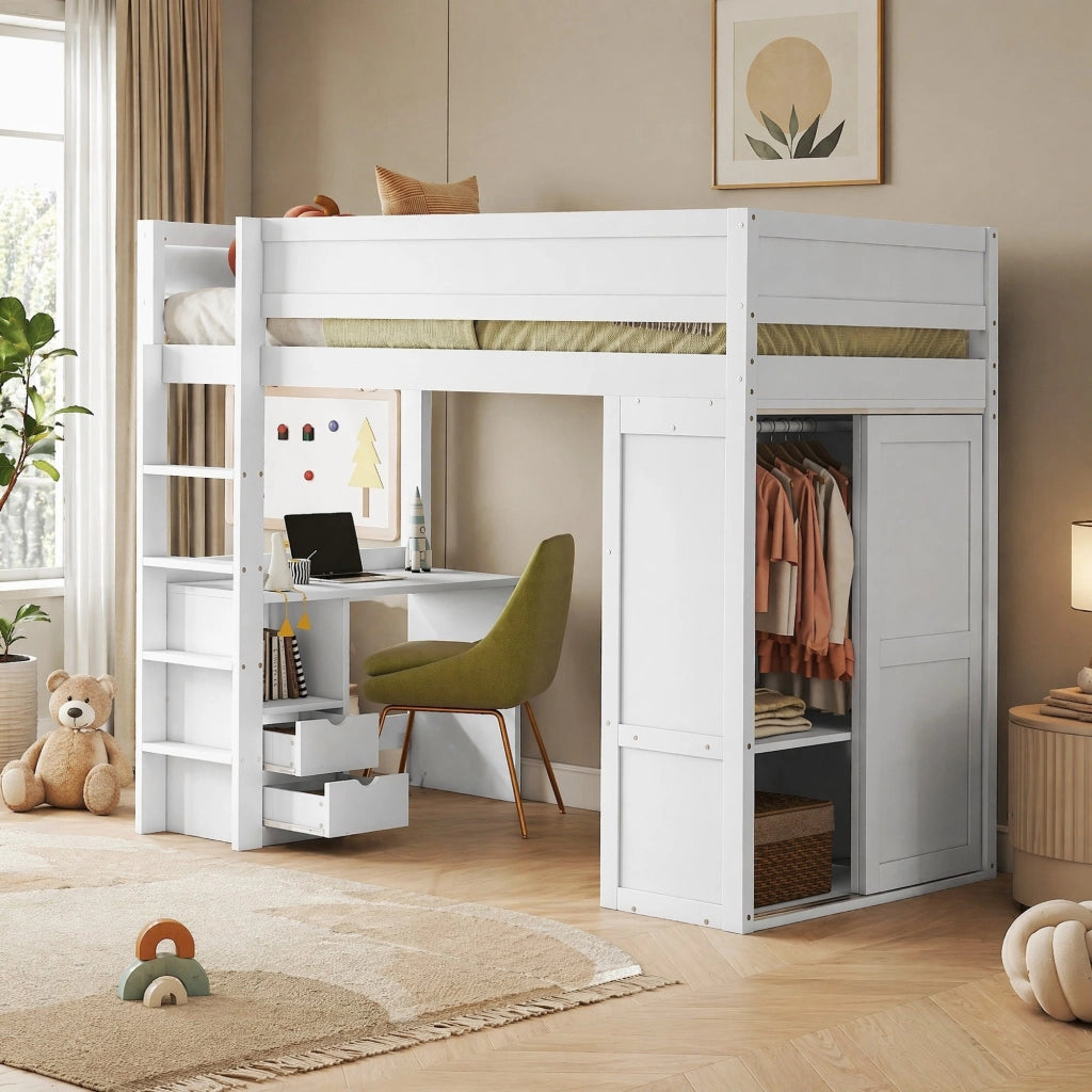 DESMIU Letto a soppalco bambino 90 × 200 cm con scrivania, armadio e 2 cassetti, senza materasso, in pino e MDF, bianco