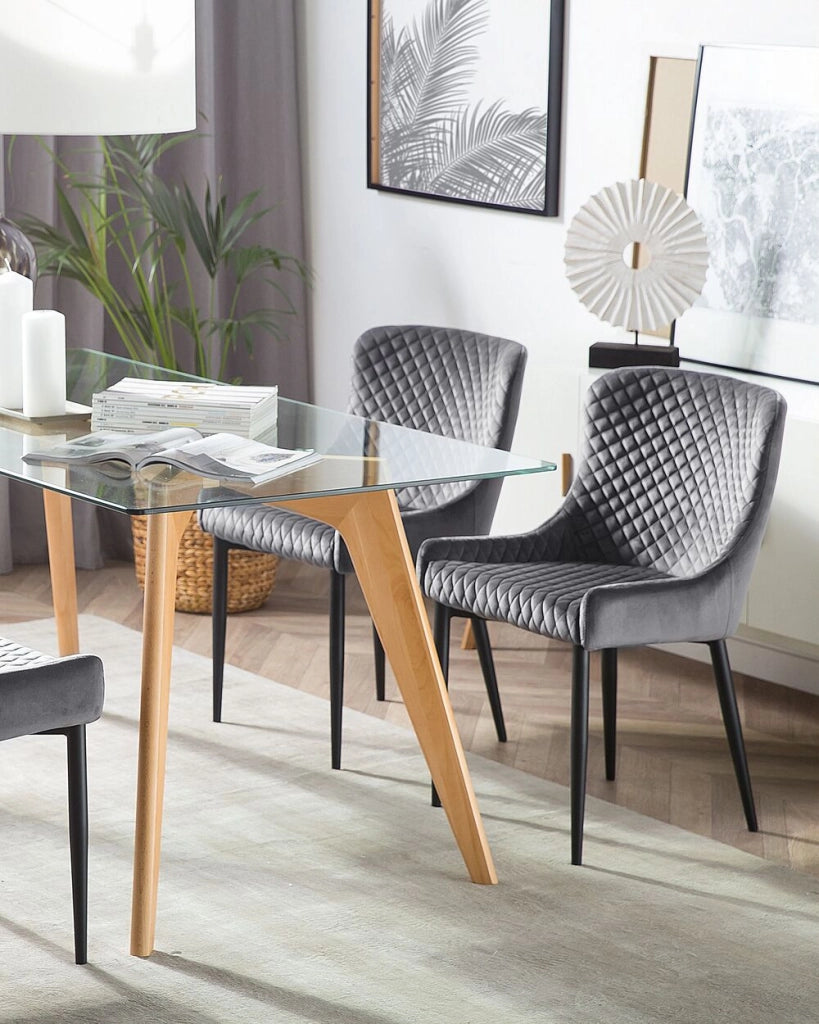 Set di 2 sedie da pranzo imbottite in velluto grigio trapuntato