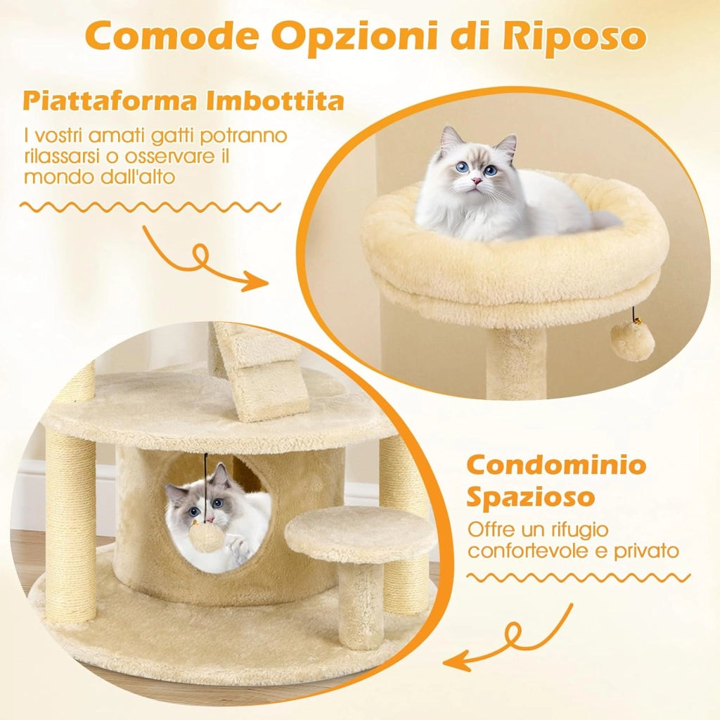 Albero per Gatti, Tiragraffi per Gatti con Condominio, Piattaforma Imbottita, Tiragraffi, Pallina di Peluche Pendente e Scala, Centro Attività per Animali Domestici Interno