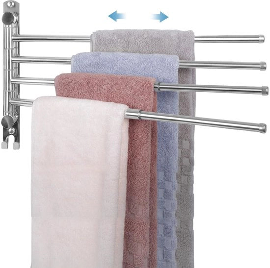 Sostegno per asciugamani con 4 bracci estensibili fino a 50 cm, sostegno per asciugamani in acciaio inossidabile 304, asciugamani per la doccia con 180° di rotazione, installazione a parete per cucina, bagno, toilette e guardaroba - argento