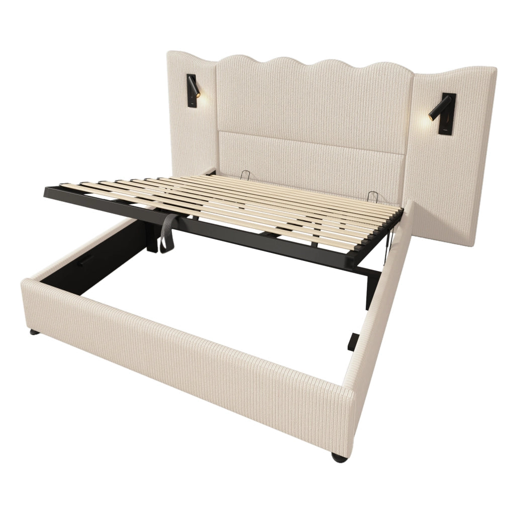 Letto contenitore 180x200 cm con lampada da lettura e USB C; velluto a coste beige
