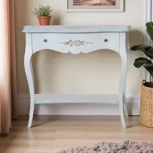 Consolle Lolla in legno Shabby chic bianco anticato decorato filo azzurro con pomelli