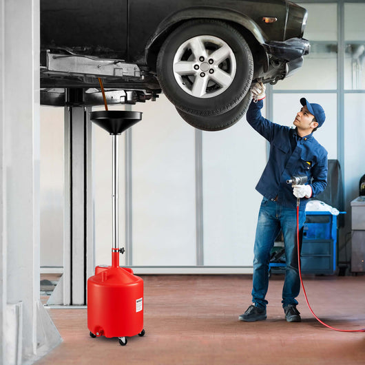 Recuperatore olio esausto a caduta con ruote, serbatoio 75 l, imbuto Ø 41 cm, carrello per recupero olio auto con ruote, altezza regolabile 145-185 cm, per cambio olio