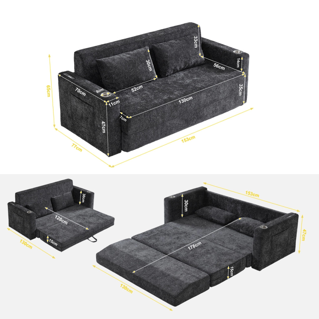 Divano letto 2 posti 80x50x50 cm in ciniglia nero/grigio con USB -