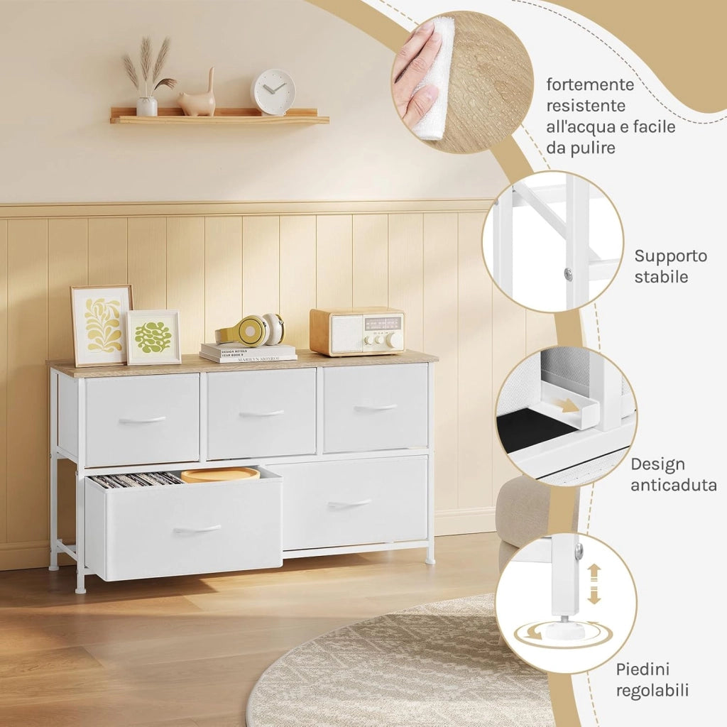 Cassettiera Camera da Letto, Cassettiera con 5 Cassetti a 2 Livelli in Tessuto, Mobile con Cassetti Industriale, Struttura in Metallo e Legno, Bianco, 100x30x54cm, SSK005ws