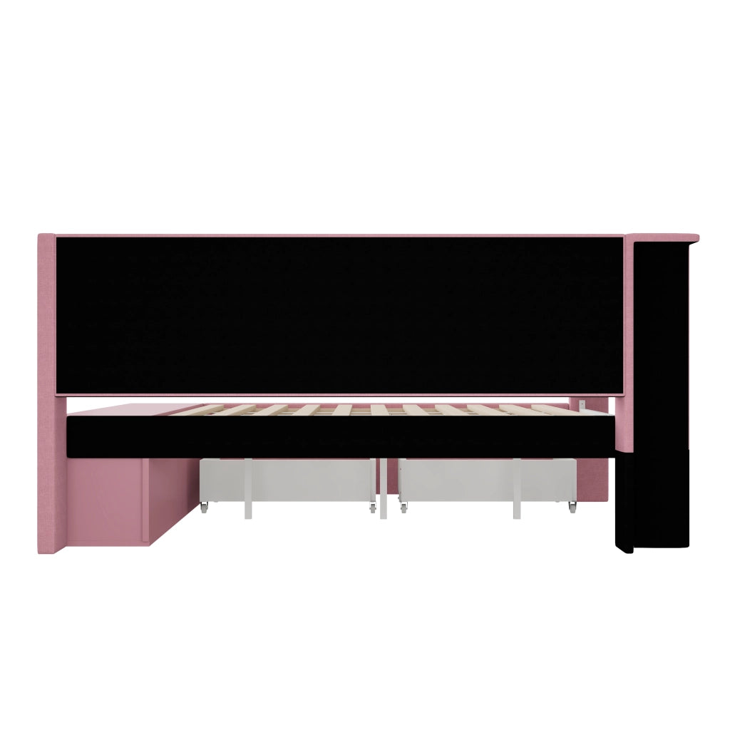 Letto a Divanetto 90x200 cm con USB; LED; 2 Cassetti e Scarpiera; Imbottito - Rosa