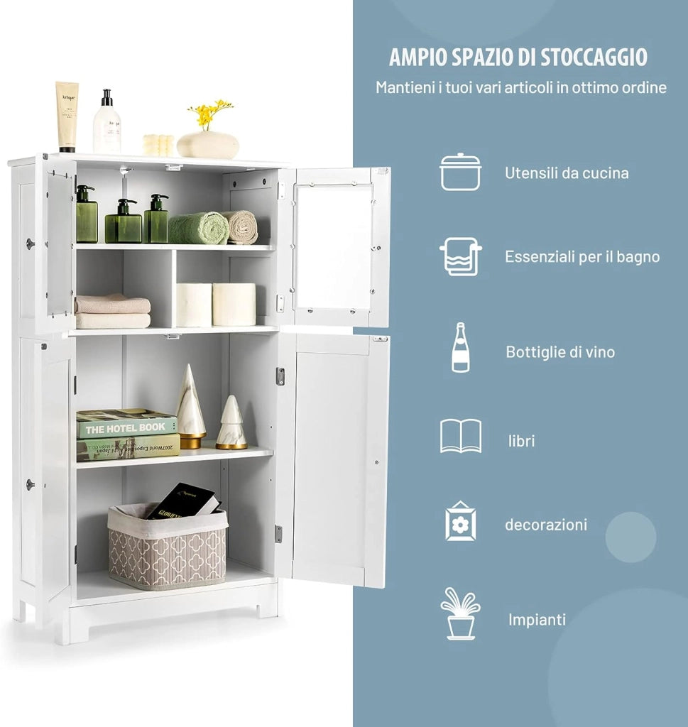 Armadietto del Bagno con 4 Ante, Armadietto con Ante di Vetro, Credenza di Legno con Mensole Regolabili, Organizer Multiuso per Casa Corridoio Salone Ufficio (Bianco)