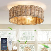 Plafoniera ventilatore 50x50x20 cm in rattan naturale con doppio comando -