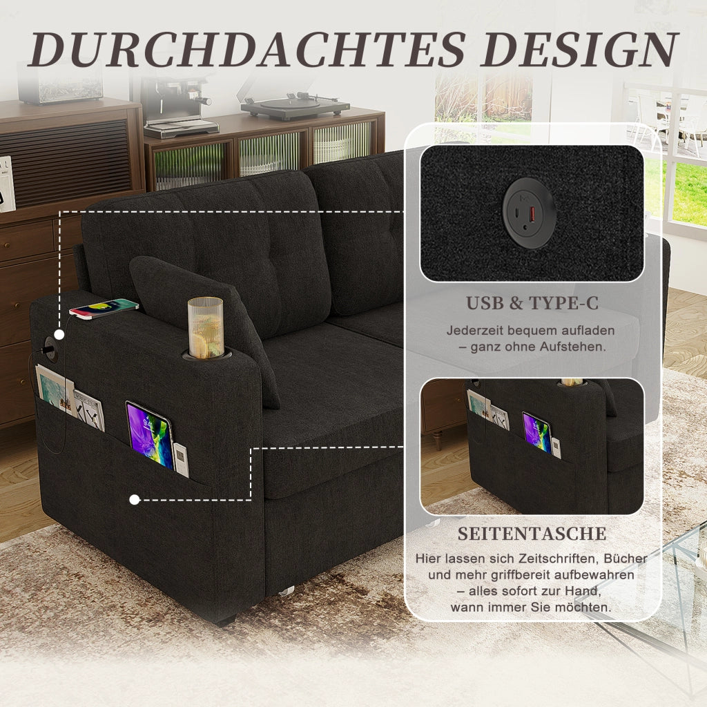 Divano a 2 posti con cassetti contenitore, portabicchieri e tasche laterali in ciniglia nera 172 × 75 × 82 cm