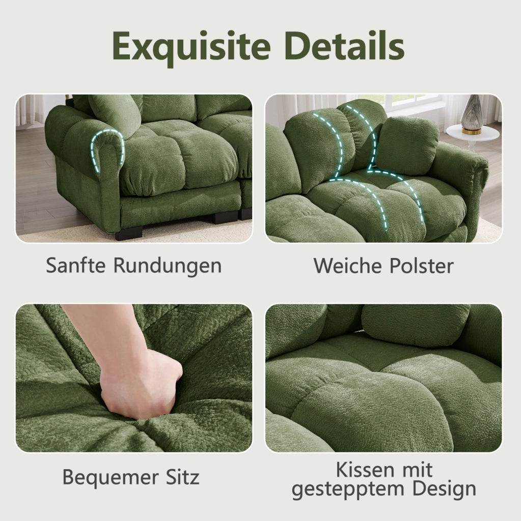 Divano modulare angolare a L 2 posti con pouf mobile 190x149x90 cm in chenille verde