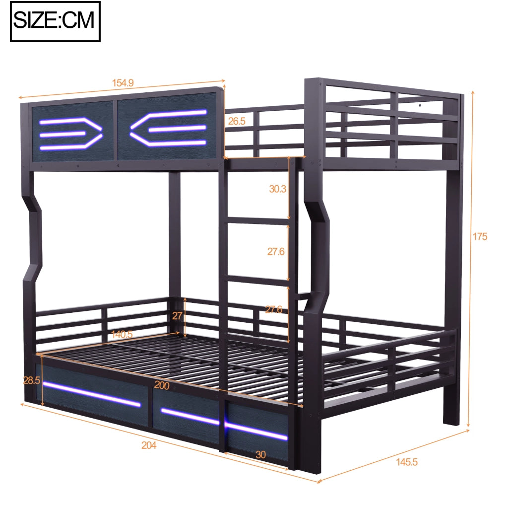 Letto a castello 140x200 cm con LED; scala laterale; in metallo e MDF; nero
