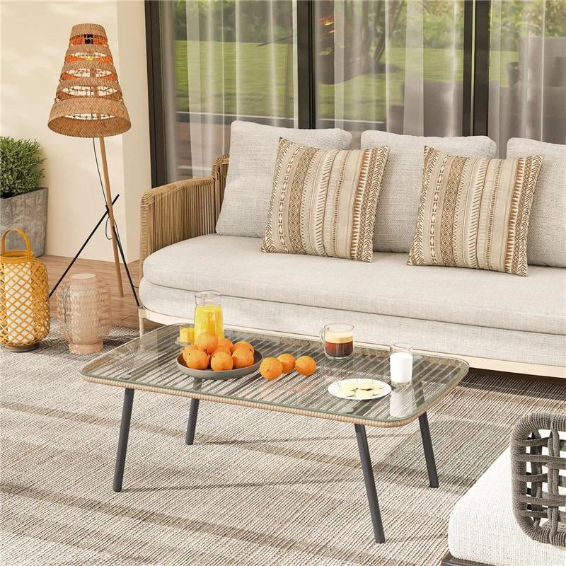 TAVOLINO DA GIARDINO IN RATTAN PE CON PIANO IN VETRO E ACCIAIO 110X60X40 CM LEGNO NATURALE