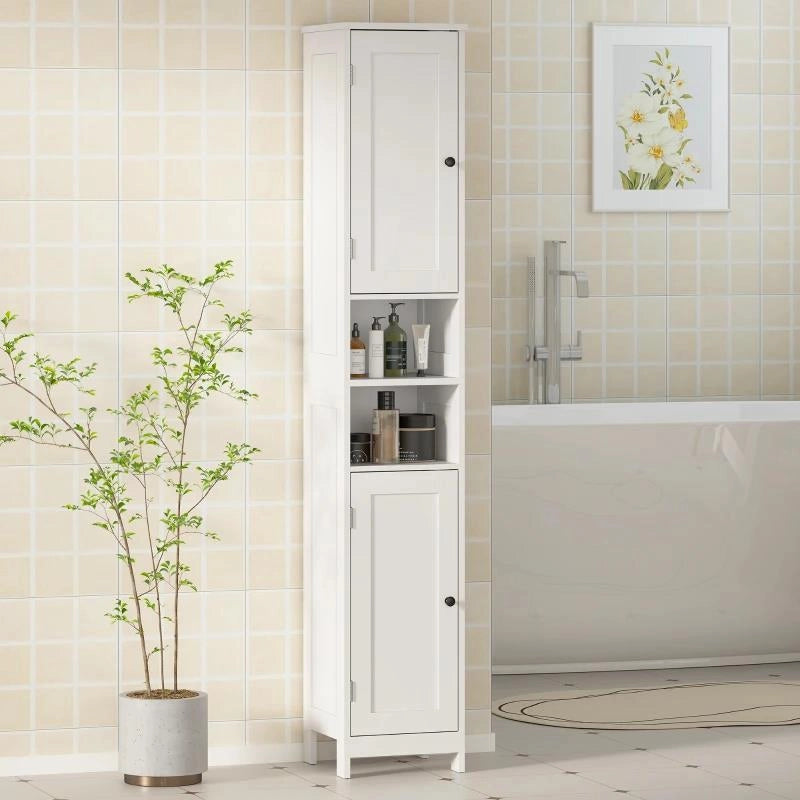MOBILE ALTO BAGNO CON 2 RIPIANI APERTI E 2 ARMADIETTI CON SCAFFALI REGOLABILI, IN LEGNO, 30X30X170 CM, BIANCO