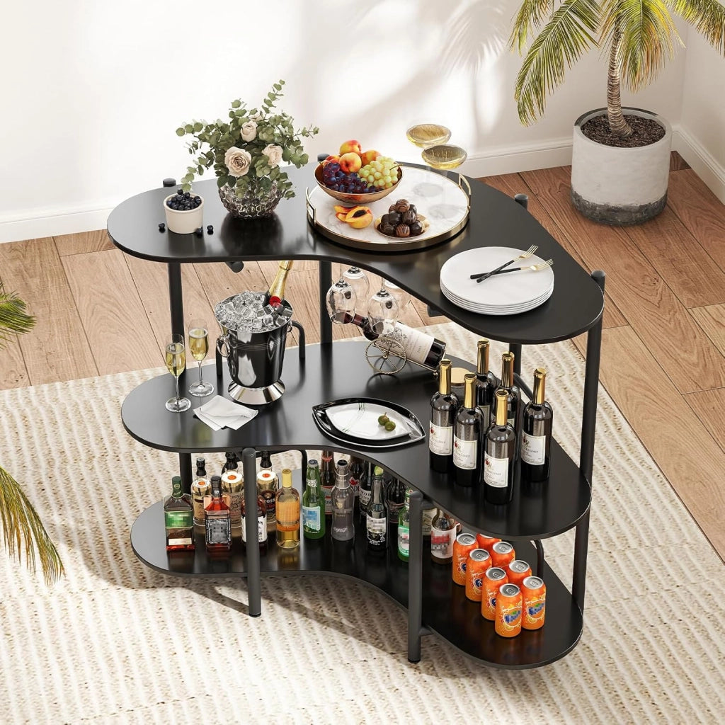 Tavolo da Bar 120 x 66 x 102 cm, Portabottiglie Vino a 3 Ripiani con Portabicchieri e Mensole di Stoccaggio, Isola Cucina Industriale per Bistro (Nero)