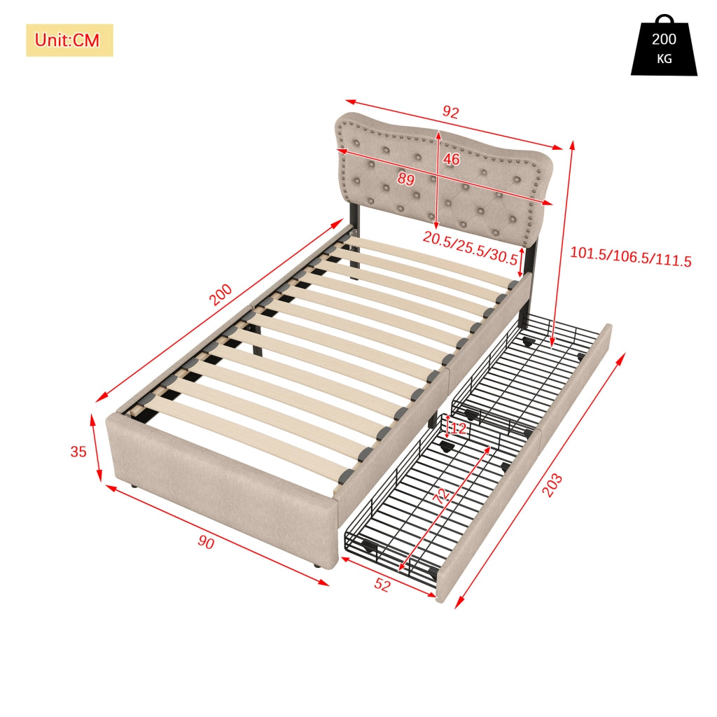Letto con cassetti singolo; 2 cassetti e testiera regolabile 90 × 200 cm; senza materasso; beige marrone
