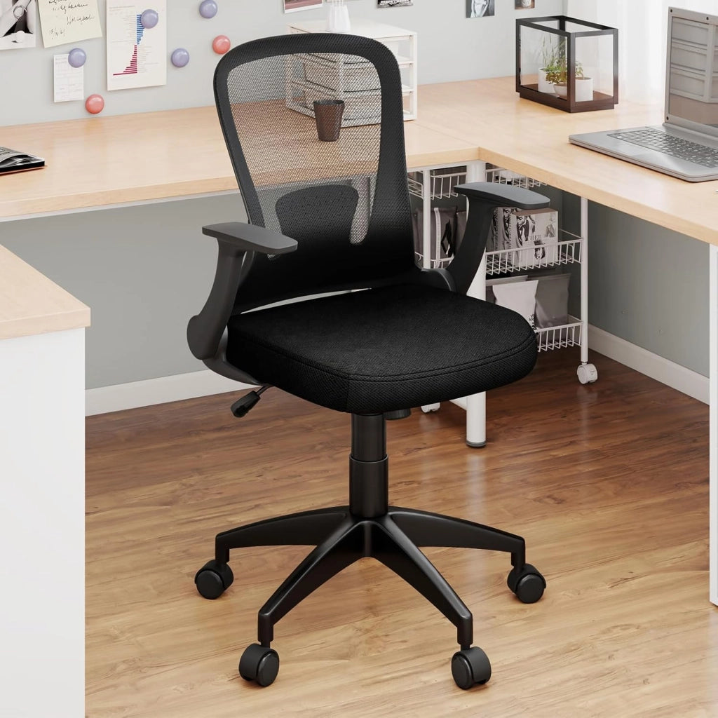 Sedia da ufficio girevole con 5 ruote, seduta regolabile in altezza 45-55 cm, sedia con braccioli pieghevoli e schienale in rete reclinabile, per studio, sala riunioni