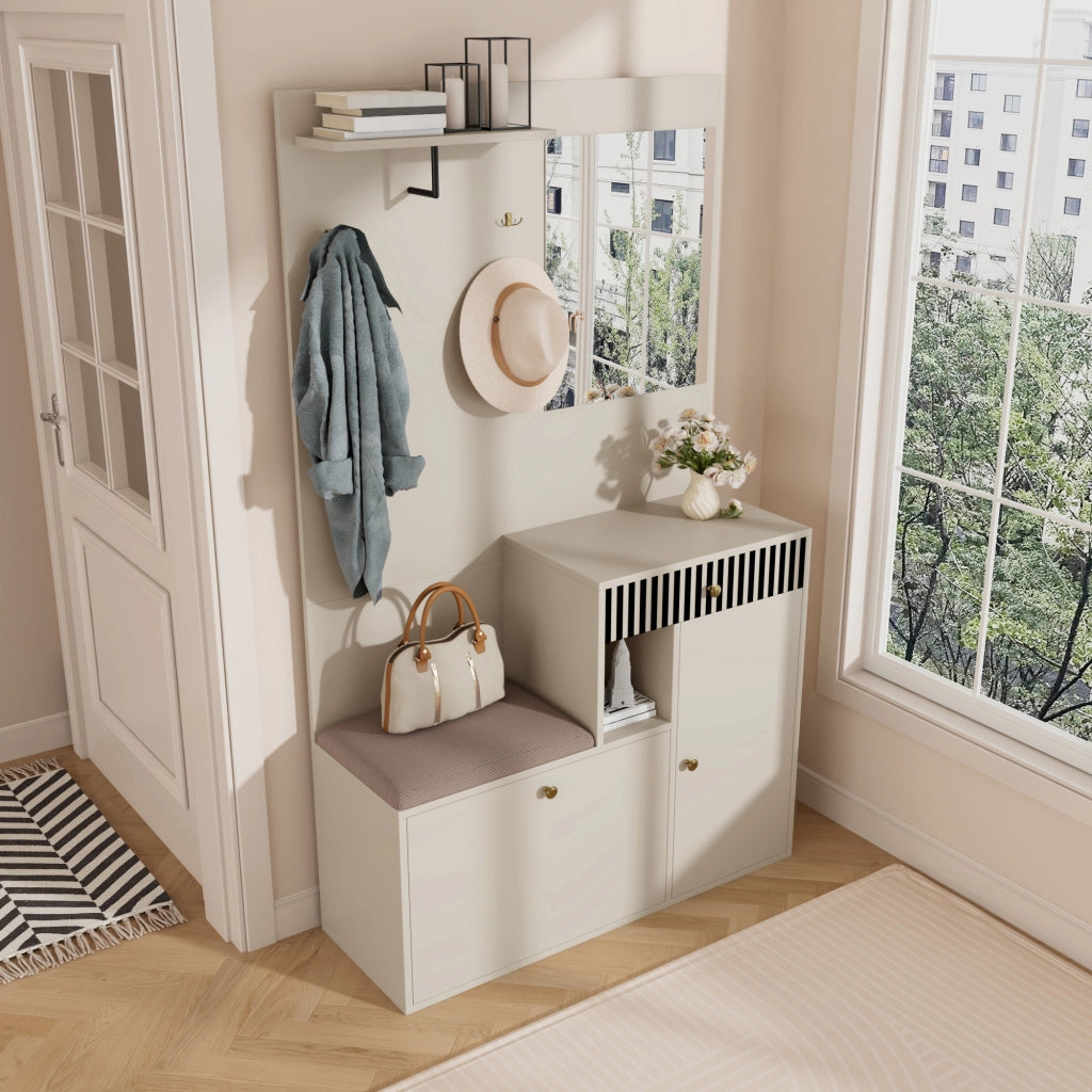 Mobile Ingresso con Specchio; 2 Ante; 1 Cassetto e Ripiani Regolabili; Seduta Imbottita; in MDF; 110??37??185;5 cm; Beige