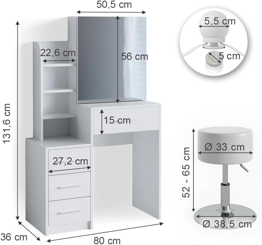 Tavolo da toeletta Conrada, Bianco, 80 cm con illuminazione LED e sgabello, adatto per l'organizzazione di articoli cosmetici e accessori