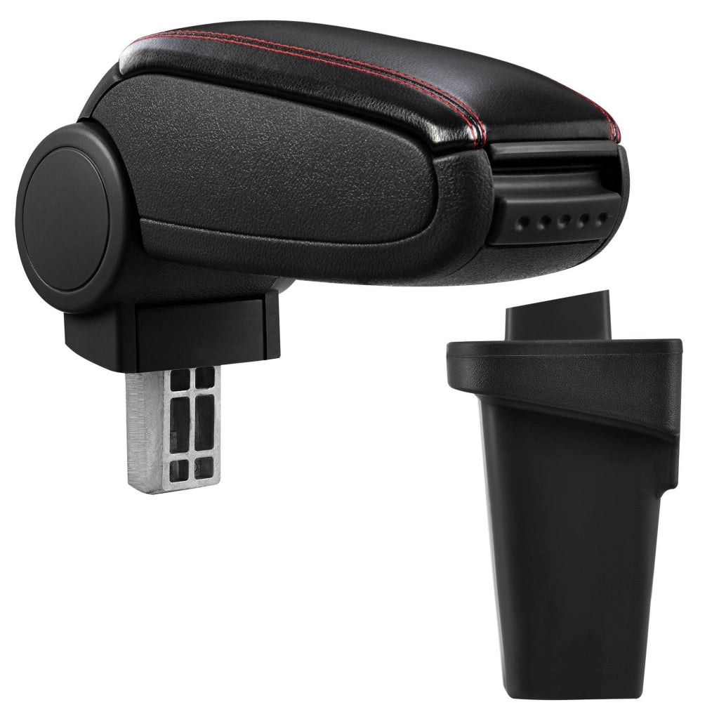 Bracciolo centrale per Ford Focus di terza generazione con scomparto imbottito in similpelle nera con cuciture rosse 03_0000461