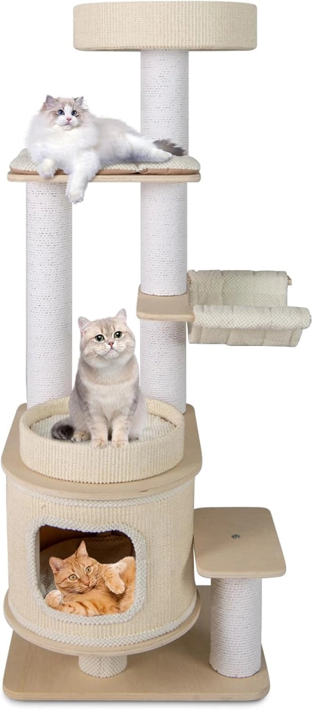 Albero per Gatti Alto 151 cm, Tiragraffi per Gatti con Comodo Poggiapiedi Imbottito, Condo a 2 Piani, Tappetini Morbidi Rimovibili, Posti Graffianti, Amaca Accogliente