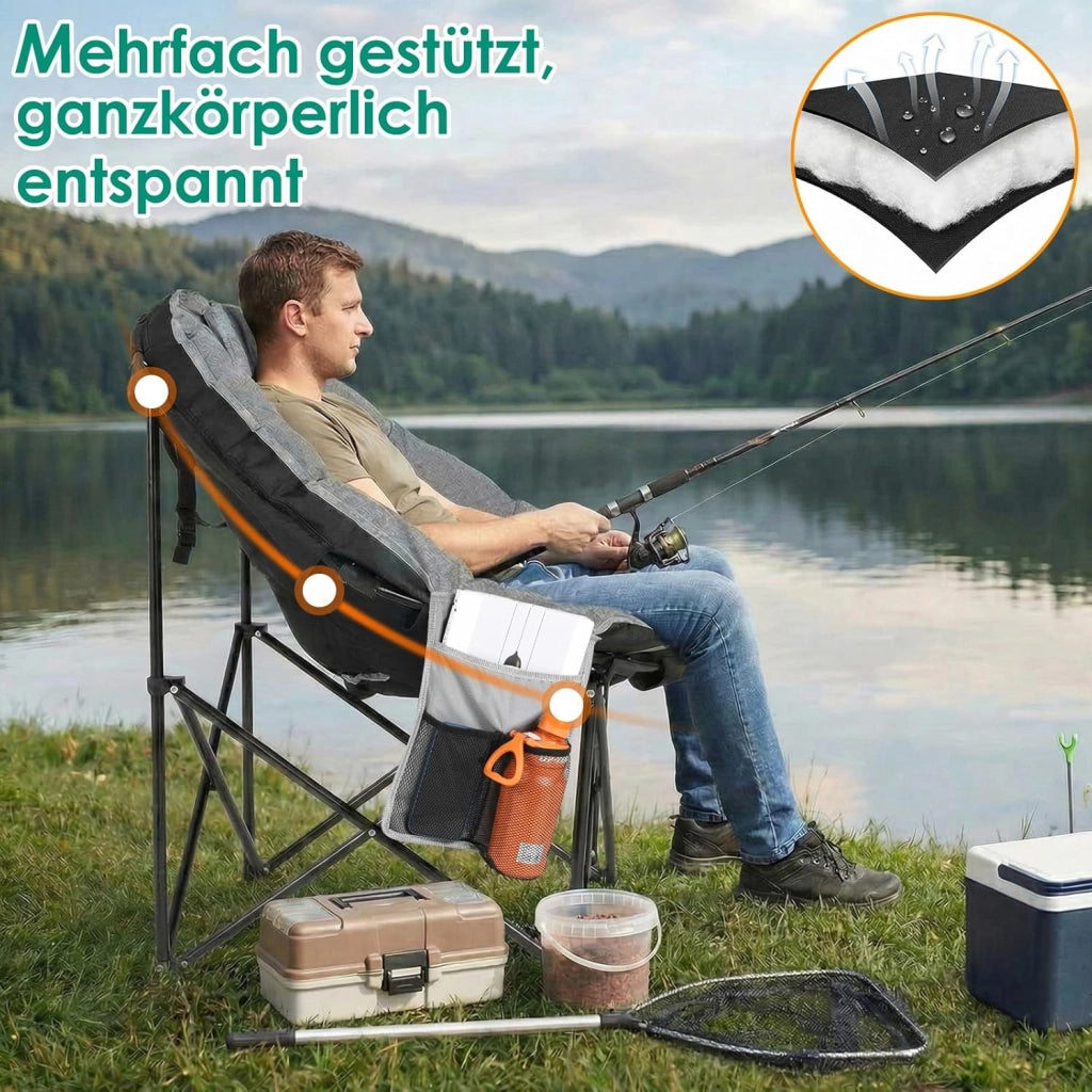Moonchair - 2 sedie da campeggio di lusso, 150 kg, rotonde, imbottite, pieghevoli, con borsa portaoggetti, piedini antiscivolo, poggiatesta, tasca laterale, per giardino, spiaggia, grigio